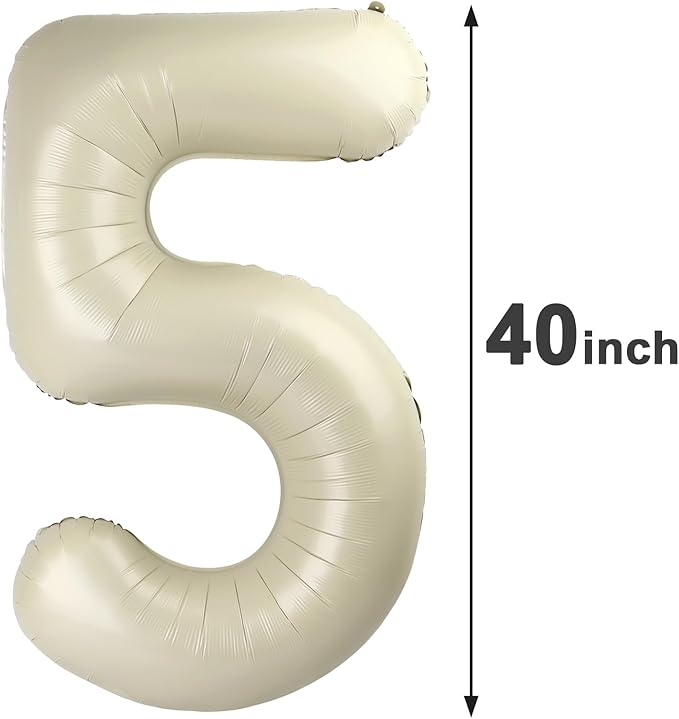 Cream White 5 Number Balloon 40 Inch Large Birthday Balloon, Five 5th 15 25 35 50 55 Birthday Celebration Decorations, Foil 5 Mylar Helium Number 5 Balloons Girl Boy Anniversary Party Supplies