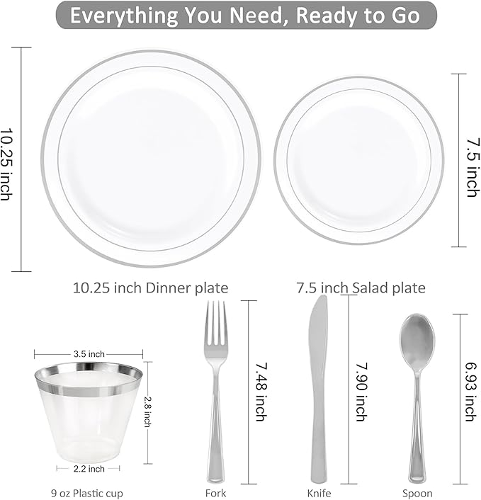 WELLIFE 350-Piece Silver Plastic Dinnerware Set - Disposable 10.25" Dinner Plates, 7.5" Dessert Plates, 9oz Silver Rim Cups & Cutlery for Weddings - 50 Guest Service - Elegant Disposable Silverware
