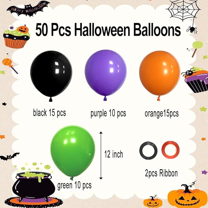 Halloween Party Balloons Set, Black Purple Orange Green Balloons 50Pcs 12inch Purple Orange Black Lime Green Balloon for Halloween party Celebration Birthday Spooky Ghost Party Decoration