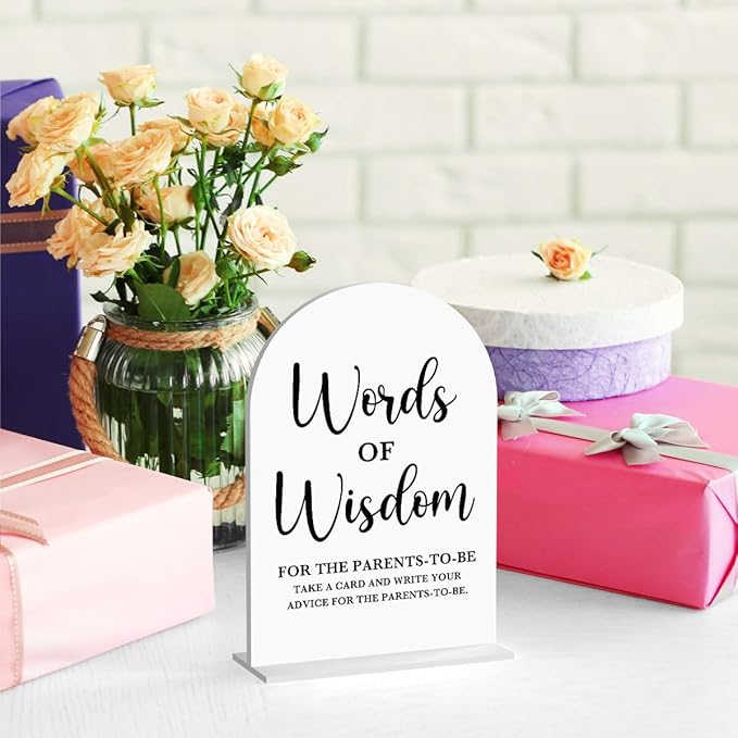 Baby in Bloom Shower Decorations, Baby Shower Sign, Newborn Gifts, Words of Wisdom Game Signs, Modern Calligraphy Arched Acrylic Table Top Signs With Stand for Gender Reveal Party Decoration (White)