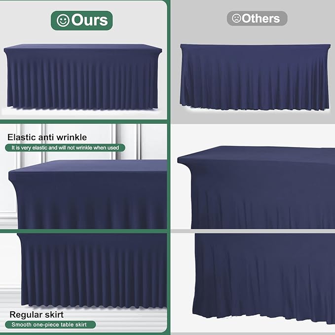 Table Skirts for Rectangle Tables 6ft - 2 Pack One-Piece Navy Blue Tablecloths and Skirt, Wrinkle Resistant Ruffles Elastic Cover for Banquets, Weddings, Events, Parties