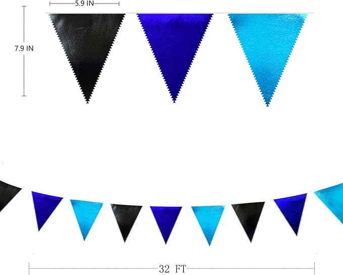 Black Blue Party Decorations Metallic Fabric Triangle Pennant Banner Flag Bunting Garland for Video Game Nautical Birthday Graduations Retirement Wedding Bachelorette Outdoor Holiday Party Supplies