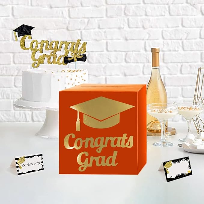 Graduation Card Box Holder, Congrats Grad Foldable Cardboard Decorations Box for Graduation Party Decoration and Grad Parties (Orange)