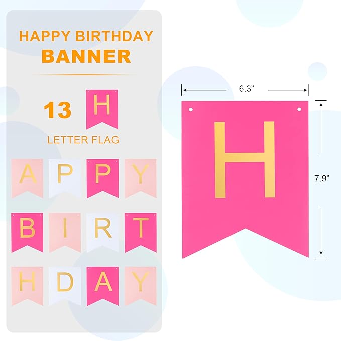 Pink Happy Birthday Banner -Roseo Pink White Hanging Backdrop Sign with Gold Letters, Happy Birthday Sign Bunting Decorations for Women men Kids Baby Shower Party Supplies (13pcs)