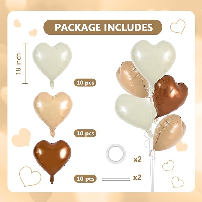 TONIFUL 30Pcs 18 Inch Cream White Heart Balloons Light Brown Coffee Foil Balloons Decoration for Thanksgiving Birthday Valentine's Day Wedding Bridal Shower Anniversary Engagement Party Supplies