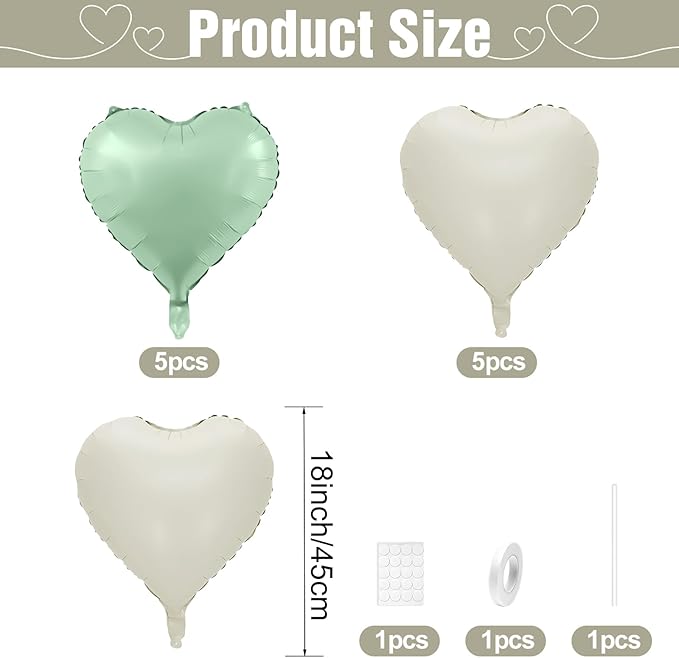 Sage Green White Heart Balloons,10Pcs Sand White Foil Heart Shaped Balloons,18Inch Olive Green Helium Balloon for Valentines,Engagement,Birthday,Baby Shower,Wedding Party Decorations