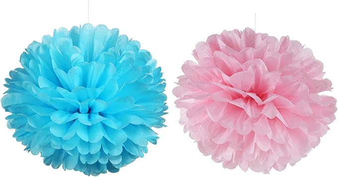 14" Pink and Blue Tissue Pom Poms Kit DIY Decorative Paper Flowers for Baby Shower Boy or Girl Gender Reveal Party Wedding Backdrop Birthday Party Nursery Hanging Decorations, Pack of 10