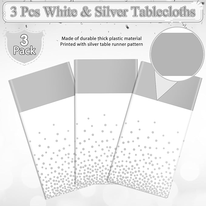 3Pcs White and Silver Tablecloth Party Decorations,Plastic White Table Cloth Printed Silver Runner Disposable Rectangle Table Cover for Birthday Wedding Anniversary Graduation Party,54 x108 Inch