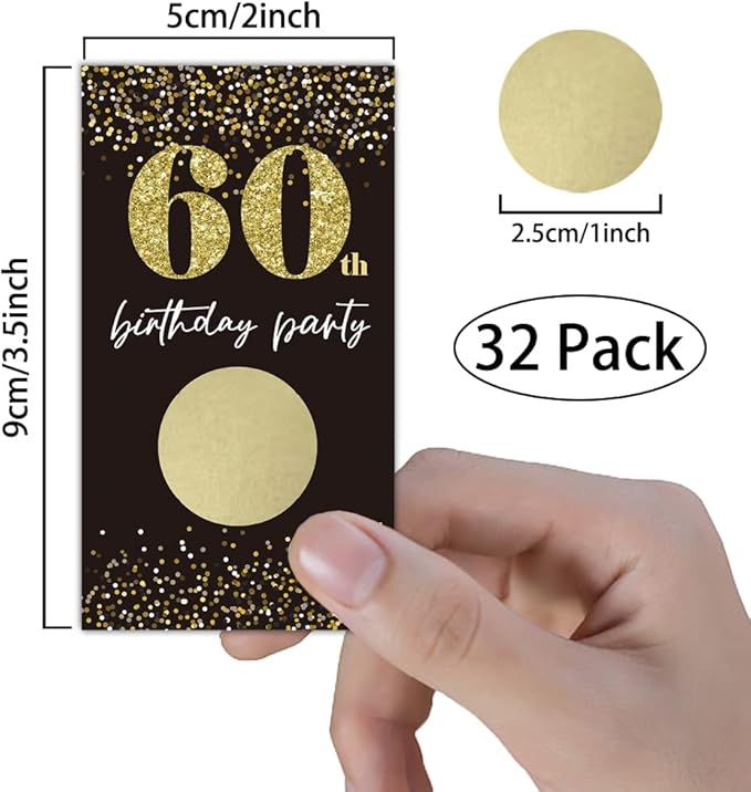 REWIDPARTY Black Gold 60th Birthday Party Scratch Off Game Cards, 32 Pieces, 3.6 x 2 x 0.5 in
