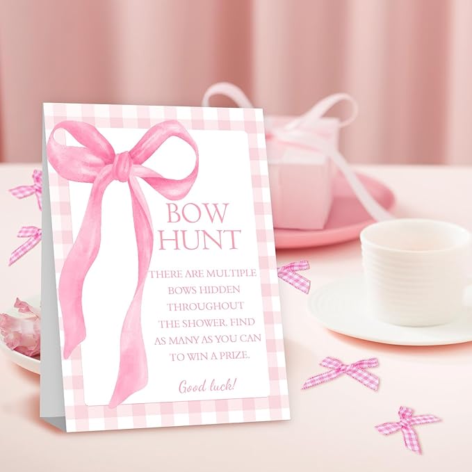 Pink Bow Baby Shower Decorations, Girl's Baby Shower with 50PCS Pink Bow Cards Kids' Party, Birthday Party Decorations, Party Favor & Decorations