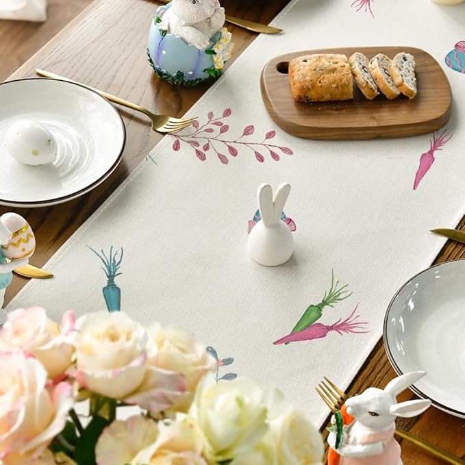 Artoid Mode Green Blue Pink Rabbit Bunny Happy Easter Table Runner, Spring Seasonal Holiday Kitchen Dining Table Decoration for Home Party Decor 13 x 72 Inch