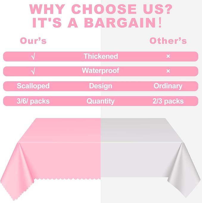 6 Pack Plastic Pink Tablecloth, 54 X 108Inch Pink Party Table Covers Scalloped Easter Table Cloths for Rectangle Tables Disposable Tables Cover for Baby Bridal Shower Tea Party Mother's Day Wedding