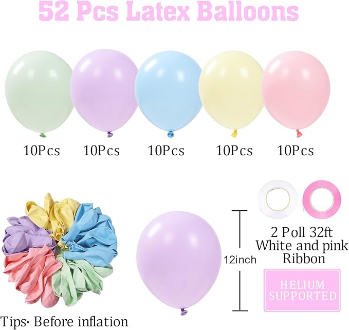 Patimate Pastel Balloons Set, 50 pcs 12 inch Rainbow Multicolor Pink Purple Green Yellow Blue Macaron Latex Balloons Kit for Birthday Baby Shower Bridal Shower Party Decorations