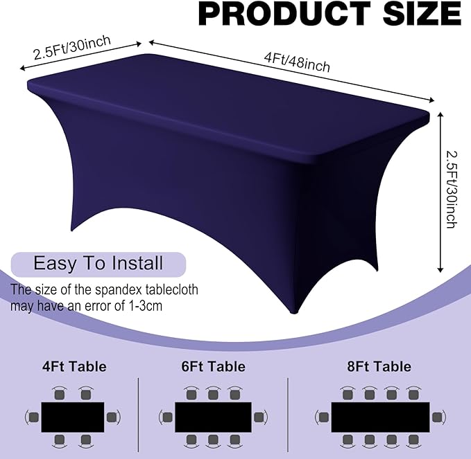 Trlyc 1 Pack 4FT Spandex Table Cloth - 48 x 30 Inch Rectangular Stretch Tablecloth, Wrinkle Resistant Scretch Table Cover for Wedding, Party, Banquet, Picnic, Outdoor Decoration (1Pcs,Navy Blue)