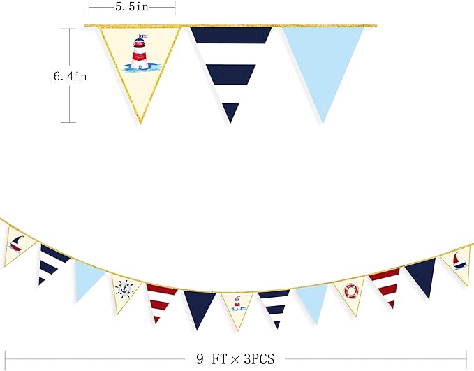 Navy Red Beige Gold Glitter Stamping Paper Pennant Banner Flag Triangle Bunting for Nautical Pirate Ahoy Achor Theme Birthday Baby Shower Wedding Let's Get Nauti Bachelorette Party Decoration Supplies