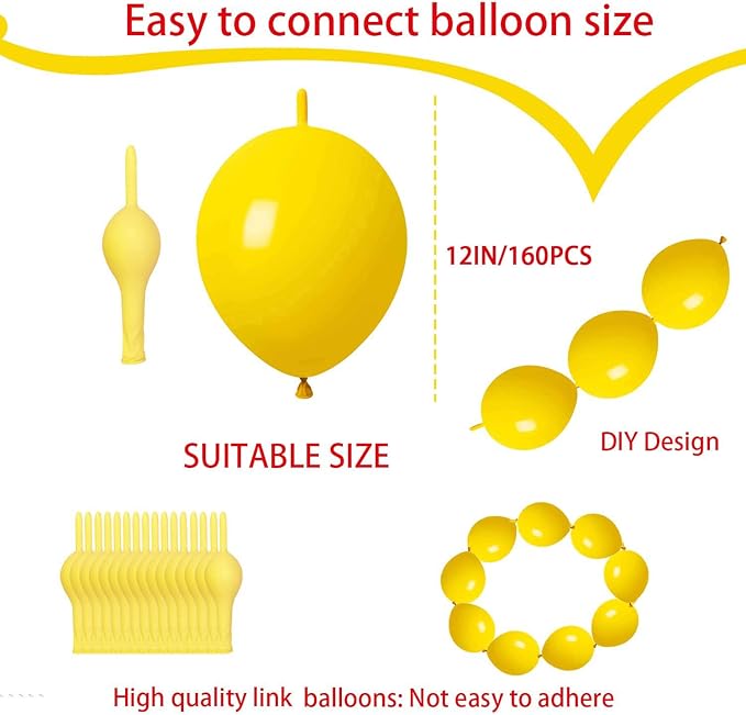 Link Balloons Yellow 12 Inch Latex Quick Linkale Balloon 160 Pcs for Birthday, Halloween, Christmas, Party Festival Decorations