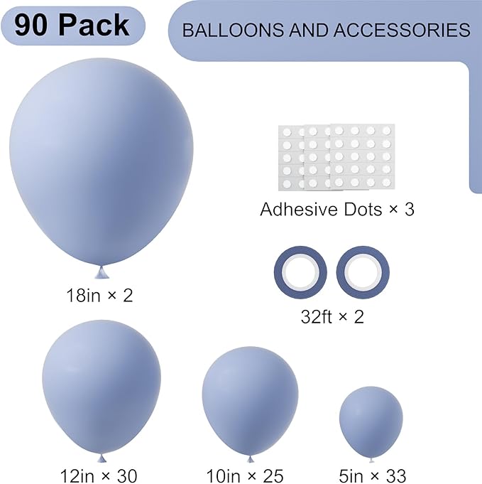 90pack Dusty Blue Balloons Different Size 18/12/10/5 Inch Dusty Blue Balloon Garland Arch Kit for Graduation, Wedding, Birthday, Baby Shower, Anniversary Party Decorations