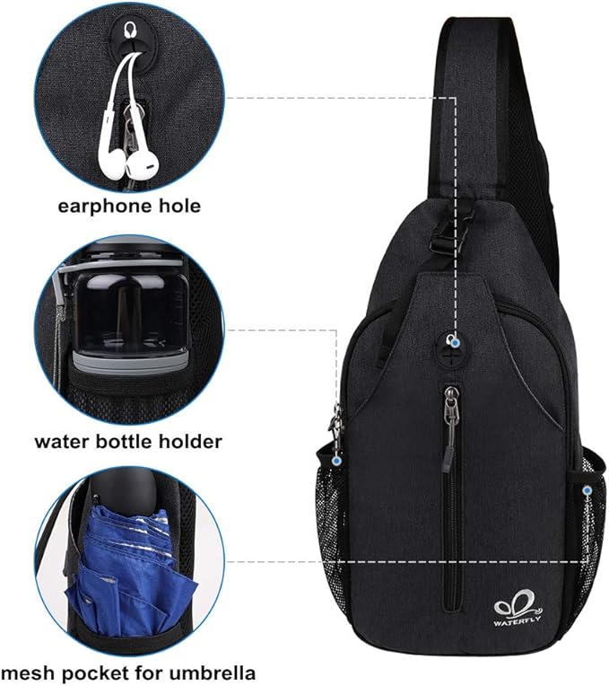 WATERFLY Crossbody Sling Backpack Sling Bag Travel Hiking Chest Bag Daypack (Black)