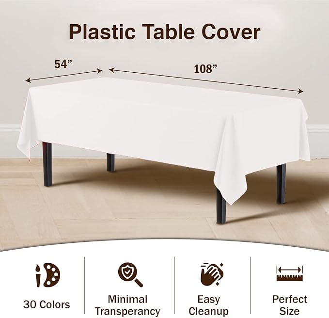Exquisite 12-Pack Premium Plastic Tablecloth 54 Inch. x 108 Inch. Rectangle Table Cover-White
