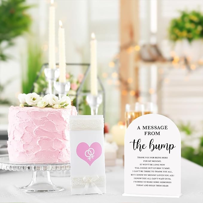 Baby in Bloom Shower Decorations, Baby Shower Sign, Newborn Gifts, Message From The Bump Signs, Modern Calligraphy Arched Acrylic Table Top Signs With Stand for Gender Reveal Party Decoration (White)