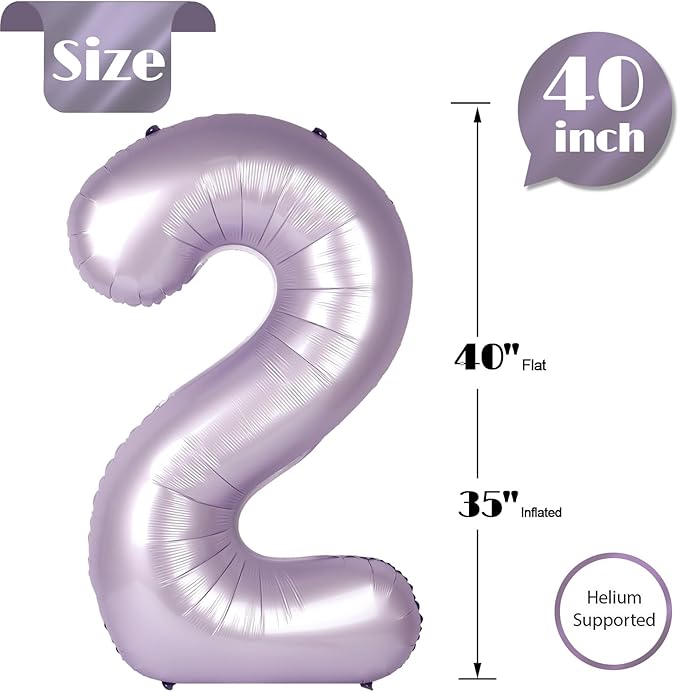 Lilac Number 2 Balloon 40 Inch, Lavender 2 Balloon Number, Lilac Mauve 2nd Birthday Decorations for Baby Girls Boys Toddlers
