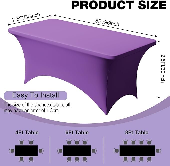 Trlyc 1 Pack 8FT Spandex Table Cloth - 96 x 30 Inch Rectangular Stretch Tablecloth, Wrinkle Resistant Scretch Table Cover for Wedding, Party, Banquet, Picnic, Outdoor Decoration (1Pcs,Purple)
