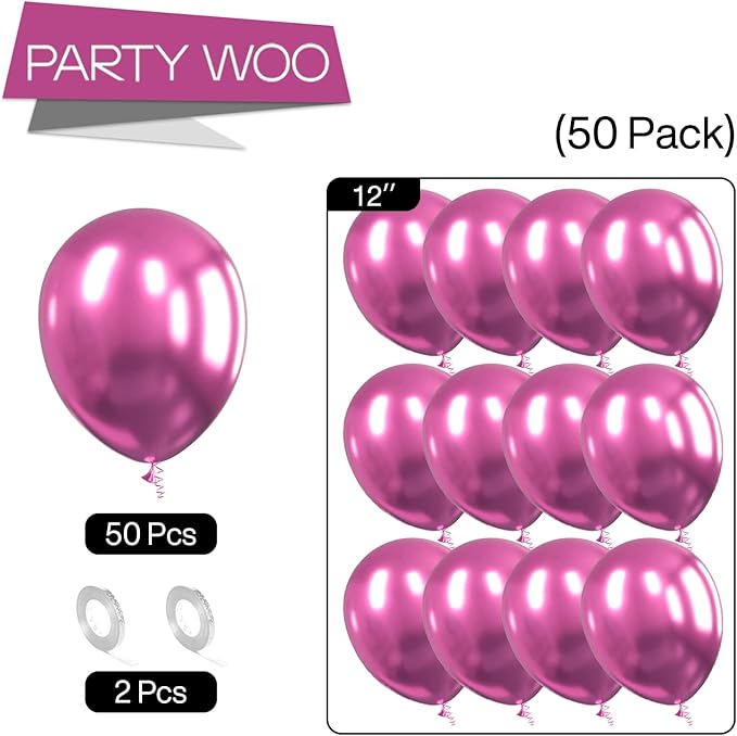 PartyWoo Metallic Hot Pink Balloons 50 pcs 12 Inch Metallic Pink Magenta Fushsia Latex Helium Balloons for Birthday Valentine's Day Bachelorette Wedding Baby Shower Party Decorations Pink-G114