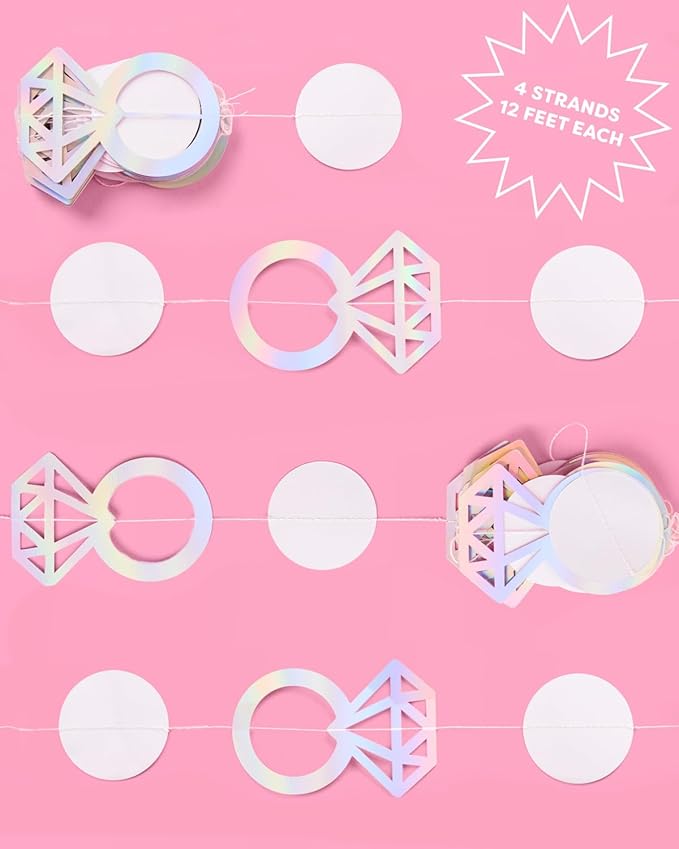xo, Fetti Iridescent Engagement Ring Garland - 4 pcs, 12' | Bachelorette Decorations, Tying The Knot Bride Bach Decor, Engagement Party Photo Booth Backdrop, Proposal Supplies