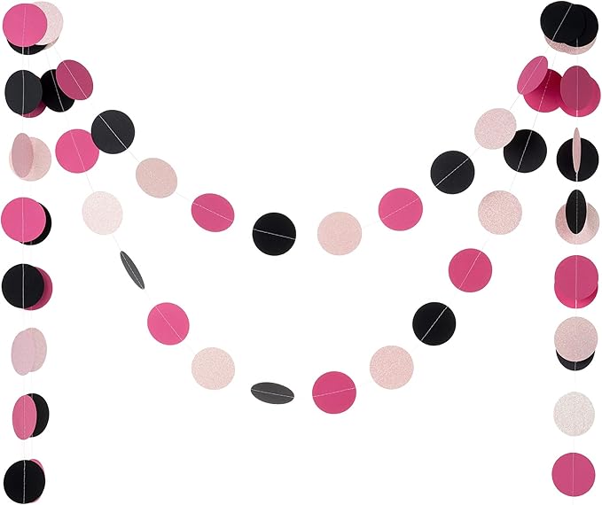 WEVEN Hot Pink Black Iridescent Glitter Paper Garland Circle Dot Streamers Party Banner for Birthday Decorations Supplies, 2.5" in Diameter, 20 Feet in Total