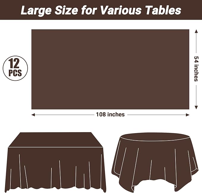 QZYL 12 PCS Brown Plastic Tablecloths, 54 in x 108 in Dinner Table Cloths, Rectangle Table Cover for Birthday Party Family Gathering Wedding