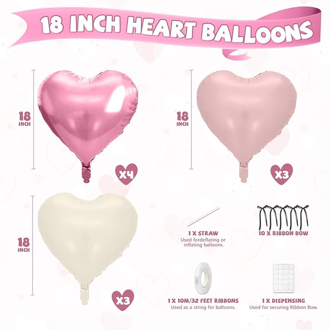 Pink Heart Balloons, 10 Pcs Pastel Pink Cream Heart Shaped Balloon with Black Bow Ribbon, 18 Inch Pink Sand White Foil Balloons for Girls Women Brithday Baby Shower Wedding Valentines Party Decoration