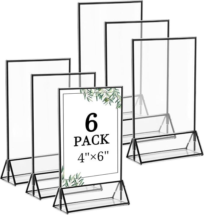 Floroom 6 Pack 4x6 Inch Clear Acrylic Sign Holders, Double-Sided Black Display Stand Picture Frames for Table Numbers, Menus, Flyers, Weddings, and Offices