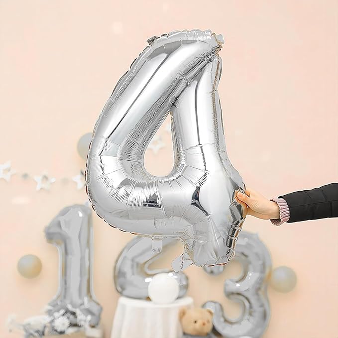 32 In Silver Large Numbers Balloons 0-9, Self Inflating Number 4 Balloons for Boys Girls, Big Silver Digit 4 Balloons for Women Men Birthday Party Anniversary Wedding Supplies Decorations
