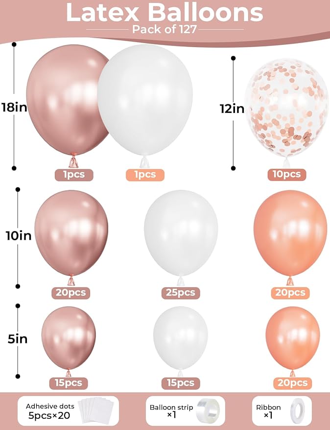 Rose Gold Balloon Garland Arch Kit, Metallic Rose Gold Pearl White and Glitter Confetti Balloons, Rose Gold Party Decor for Wedding Backdrop, Birthday, Baby Shower, Photo Booth, Retirement Party Decro