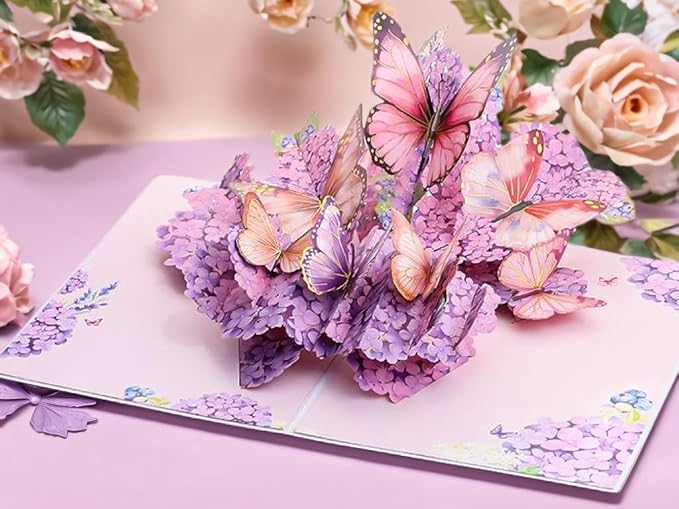 Purple Hydrangea and Butterfly Pop-Up Card, Romantic Floral Greeting Card, Butterflies Flower Card for Birthdays, Anniversaries, Weddings, Thank You, and Special Occasions