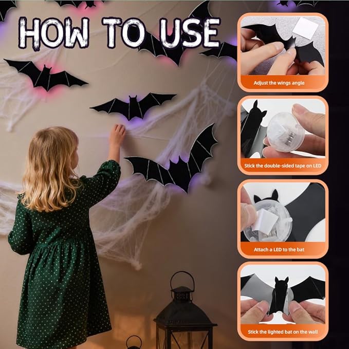 2025 New Halloween 3D Lighted Bats, LED Purple Lighted 3D Bats Halloween Decoration, Upgrade LED Glowing Bat Group Hanging Wall Luminous Glow Clings Multipack (48Pcs Black)
