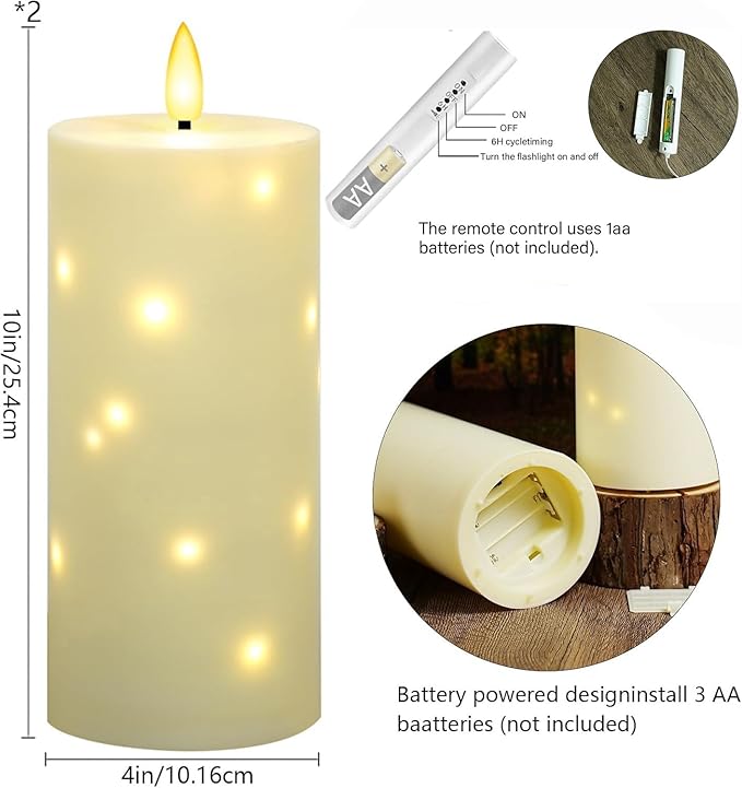 4" x 10" Large Outdoor Waterproof Flickering Flameless Candles with Timer,2Pcs Battery Operated LED Pillar Candles with Embedded Star String for Outdoor Lanterns,Porch,Patio Decor(Ivory)