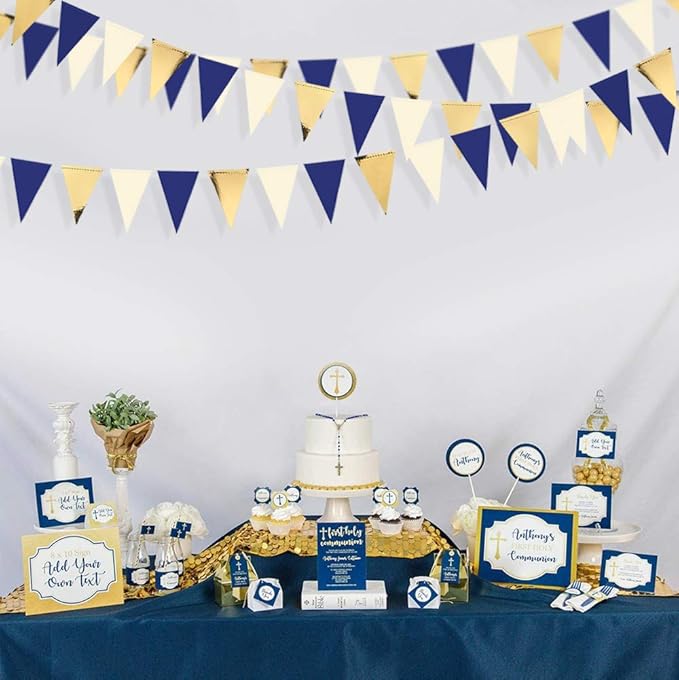 30Ft Navy Blue Gold and Beige Party Decorations Royal Blue Gold Triangle Flag Pennant Banner Bunting for Graduation Birthday Wedding Bridal Shower Nautical Ahoy Achor Theme Party Decorations Supplies