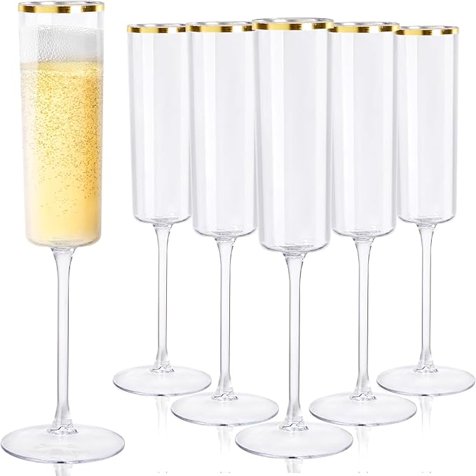 Ciaell 24 Pack Plastic Champagne Flutes - 6Oz Gold Rim Disposable Champagne Glasses - Square Clear Plastic Toasting Glasses for Party Birthday Anniversary Wedding