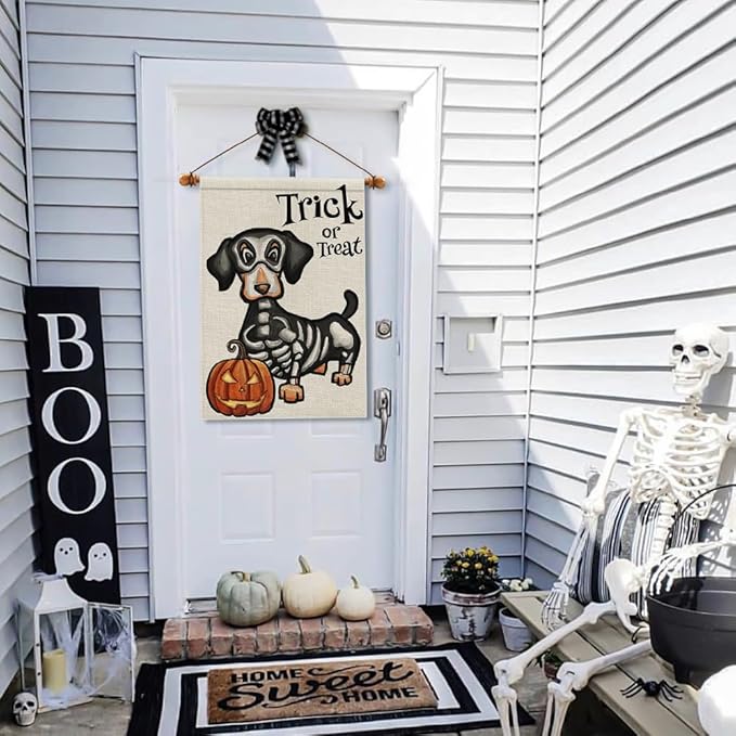 Halloween Trick or Treat House Flag Ghost Dog 28x40 Inch Large Double Sided Burlap Welcome Yard Dachshund Skeleton Outside Decorations DF342-28