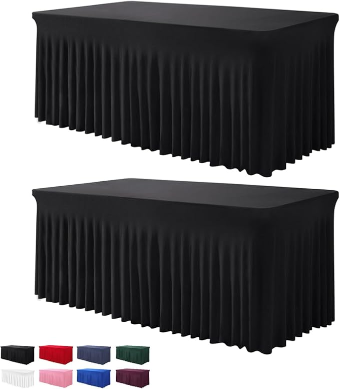 Table Skirts for Rectangle Tables 8ft - 2 Pack One-Piece Black Tablecloths and Skirt, Wrinkle Resistant Ruffles Elastic Cover for Banquets, Weddings, Events, Parties