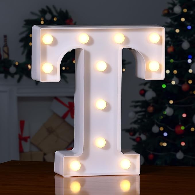 Foaky LED Letter Lights Sign Marquee Light Up Letters Sign for Night Light Wedding/Birthday Party Battery Powered Christmas Lamp Home Bar Decoration(T)