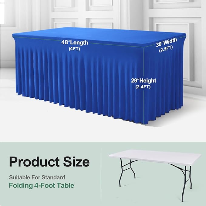 Table Skirt for 4 Foot Tables - One-Piece Royal Blue Tablecloths and Skirt, Wrinkle Resistant Ruffles Elastic Cover for Banquets, Weddings, Events, Parties