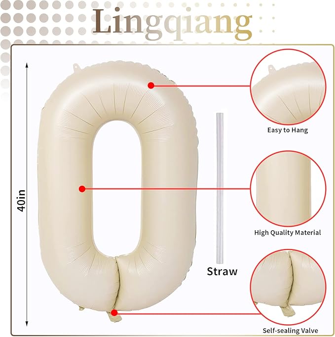Beige 30 Balloon Numbers, 40 Inch Large Cream Foil Number 3 & 0 Balloons for Women, Self Inflating 30th Birthday Balloons for 30 Year Old Men Anniversary Birthday Party Decorations Supplies