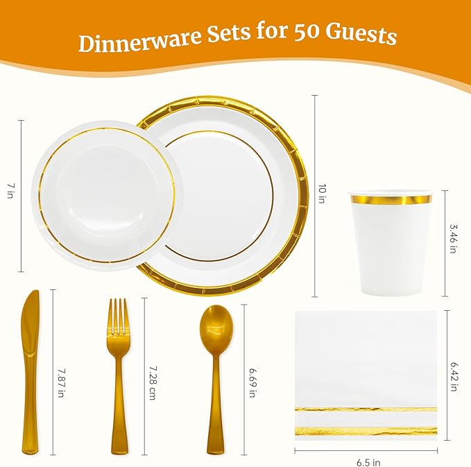 AIRE 350PCS White Gold Paper Plates Party Supplies Dinnerware Sets for 50 Guests, Disposable Paper Party Plates Napkins, Gold Plastic Forks Knives Spoons Cups for Wedding Birthday BBQ Parties
