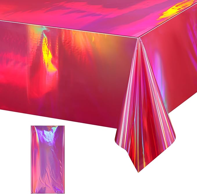 1 Pack Hot Pink Iridescence Plastic Tablecloths Shiny Disposable Laser Rectangle Table Covers Holographic Foil Tablecloth Iridescent Party Decorations Birthday Bridal Wedding Christmas, 54 x 108 Inch