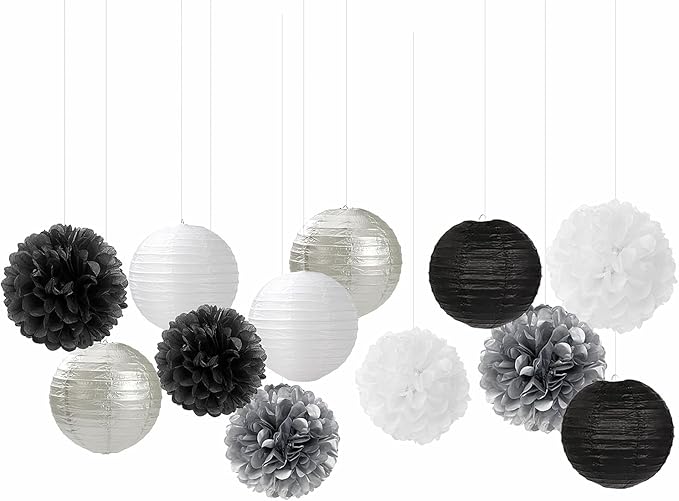 Black White Silver Party-Decorations Paper Flowers Lanterns - 15PCS Birthday Halloween Wedding Tissue Pom Poms Streamers, Halloween Prom Baby Shower Bachelorette Hanging Supplies Decor Hugfond