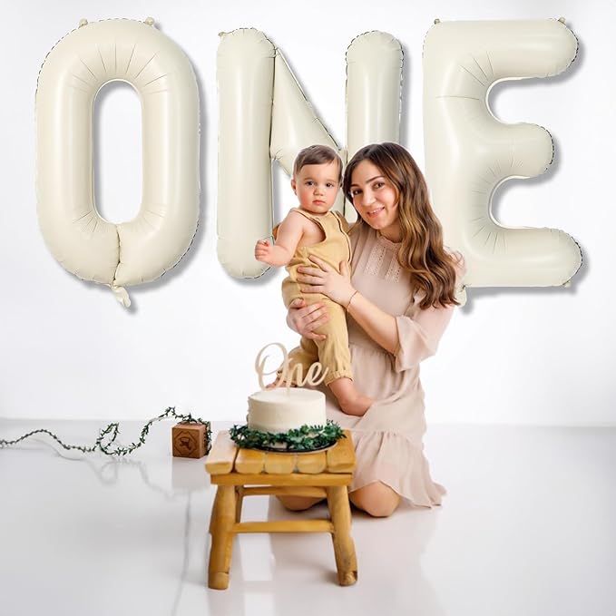 40 Inch Beige One Balloons for 1st Birthday, Cream White Sand One Balloon Letters with Ribbon, Neutral Ivory Alphabet One Balloon for Boys Girls First Birthday 1 Year Old Baby Shower Party Decorations