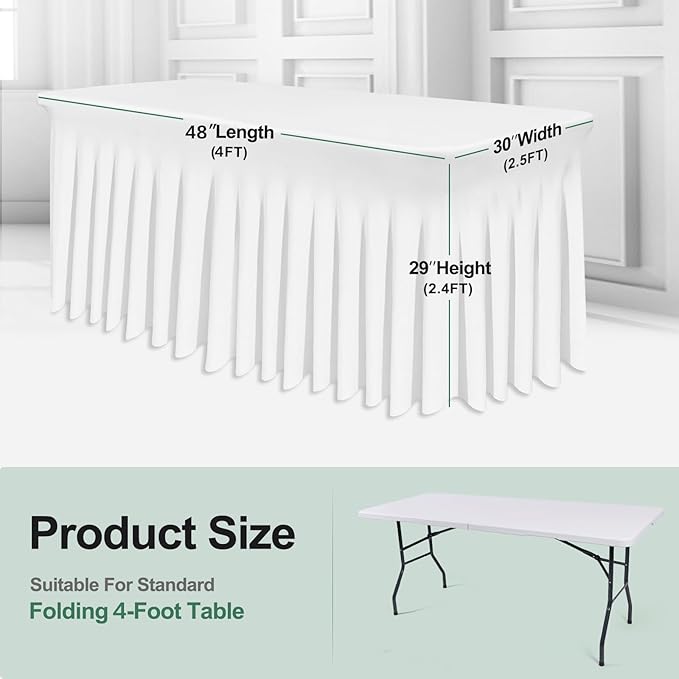 Table Skirt for 4 Foot Tables - 2 Pack One-Piece White Tablecloths and Skirt, Wrinkle Resistant Ruffles Elastic Cover for Banquets, Weddings, Events, Parties
