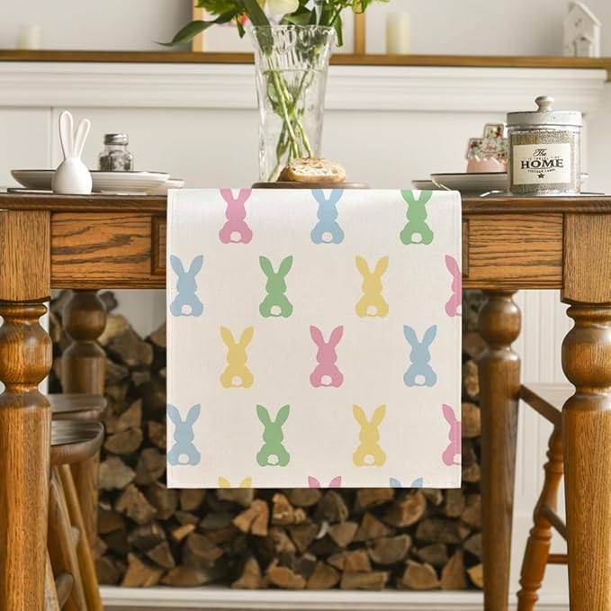 Artoid Mode Green Pink Bunny Rabbit Easter Table Runner, Spring Kitchen Dining Table Decoration for Home Party Decor 13x60 Inch